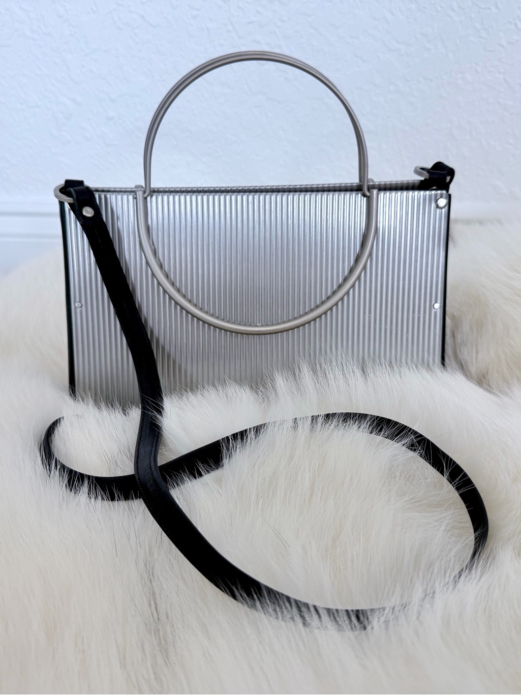 New Wendy Stevens Handbag Stainless Steel Crossbody Black Leather Strap - Rare